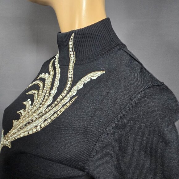 Vintage Black Sweater Silver Sequined Beaded Bird Size M High Neck 90s Y2K - Picture 8 of 11